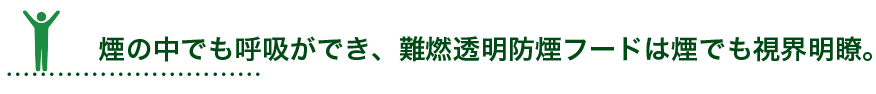 煙の中でも呼吸ができ、難燃透明防煙フードは煙でも視界明瞭。